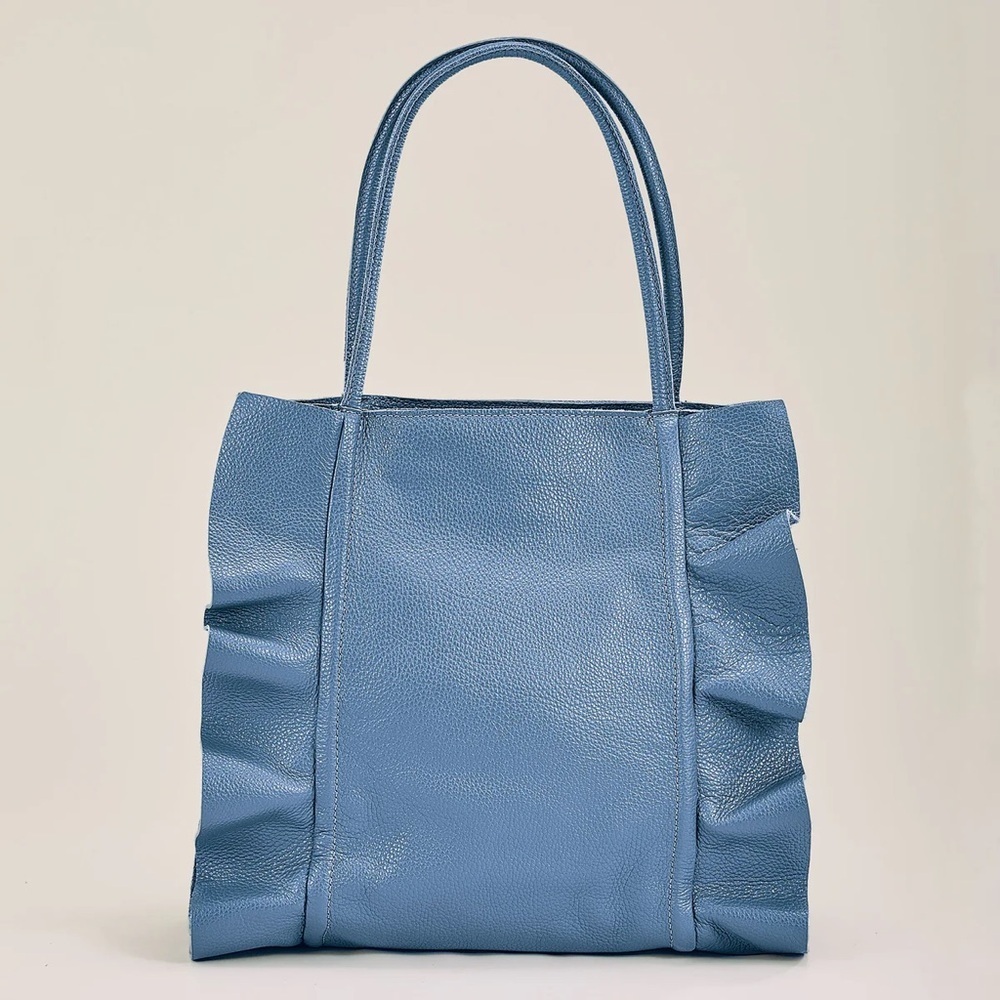 Italian Leather Bergamo Denim Blue Ruched Tote from Uno Alla Volta